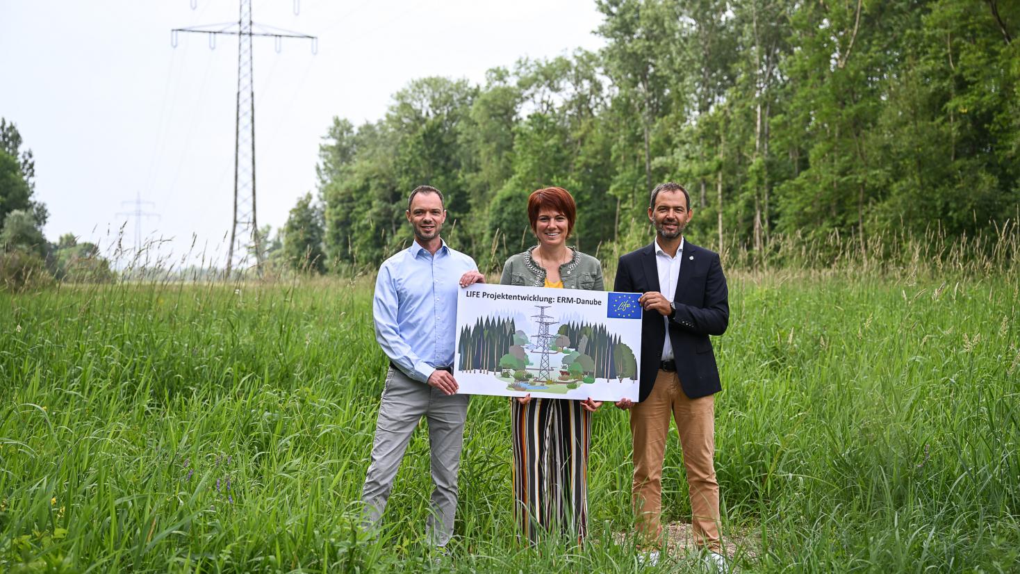 Machen sich stark für die ökologische Aufwertung der Energietrassen in Flussnähe und damit für mehr Artenvielfalt in der Region: Matthias Fink, Leiter Netzdienste und Technologie (LEW Verteilnetz), Katja Müller, Bürgermeisterin von Lauingen, Andreas Hurler, Leiter Instandhaltung Bau (LEW Wasserkraft).